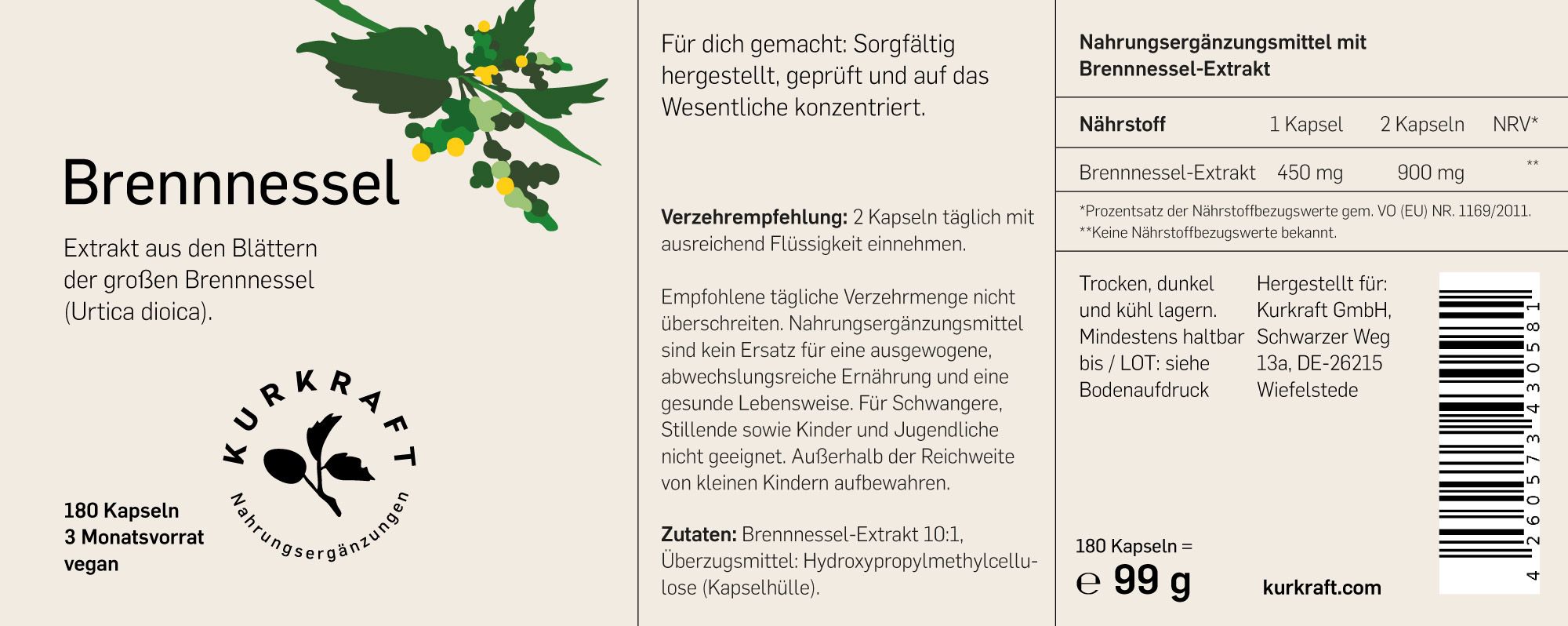 Etikett: Brennnessel, Extrakt aus Blättern, 180 Kapseln, 3 Monatsvorrat, vegan. Kurkraft Logo. Nährwertangaben.