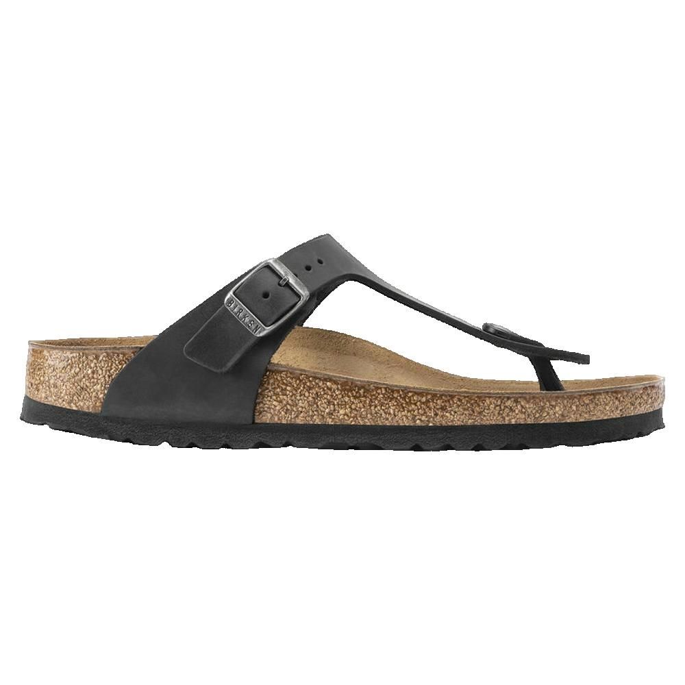 Sandalo nero Birkenstock con plantare in sughero e fibbia.