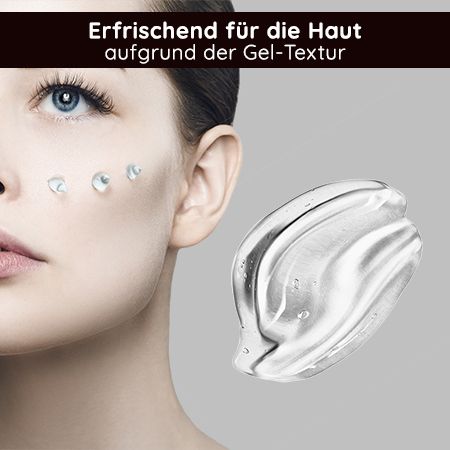 Gel-Textur auf Haut. Frauengesicht. Text: Firm it! Bakuchiol Gel Mask.