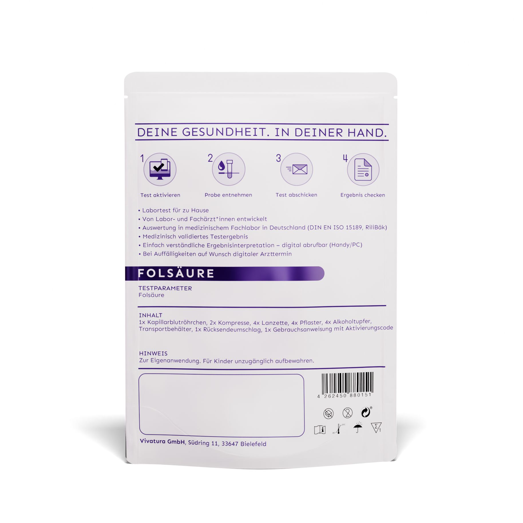 Rückseite des Test-Kits. Aufschrift: Folsäure, Testparameter, Inhalt, Hinweis. Mit Abbildungen und Barcode.