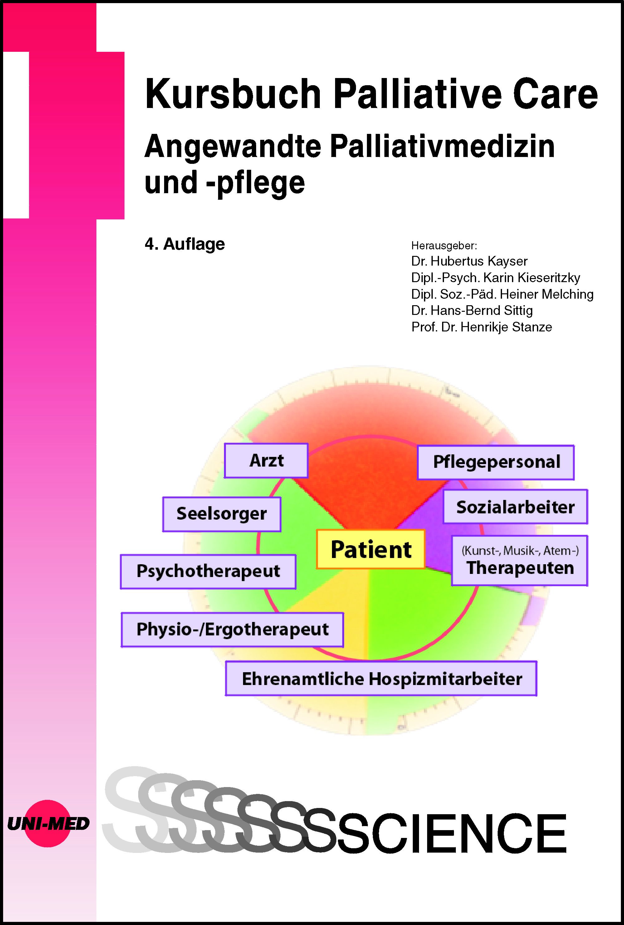 Buchcover: Kursbuch Palliative Care. Titel, Autoren, 4. Auflage. Diagramm mit Patient im Zentrum, umgeben von Fachkräften.