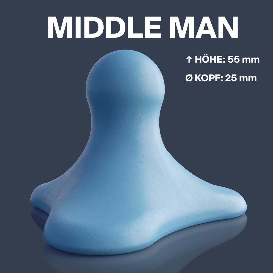 Blauer Triggerdinger. Höhe: 55 mm, Kopf: 25 mm. Schriftzug "MIDDLE MAN".