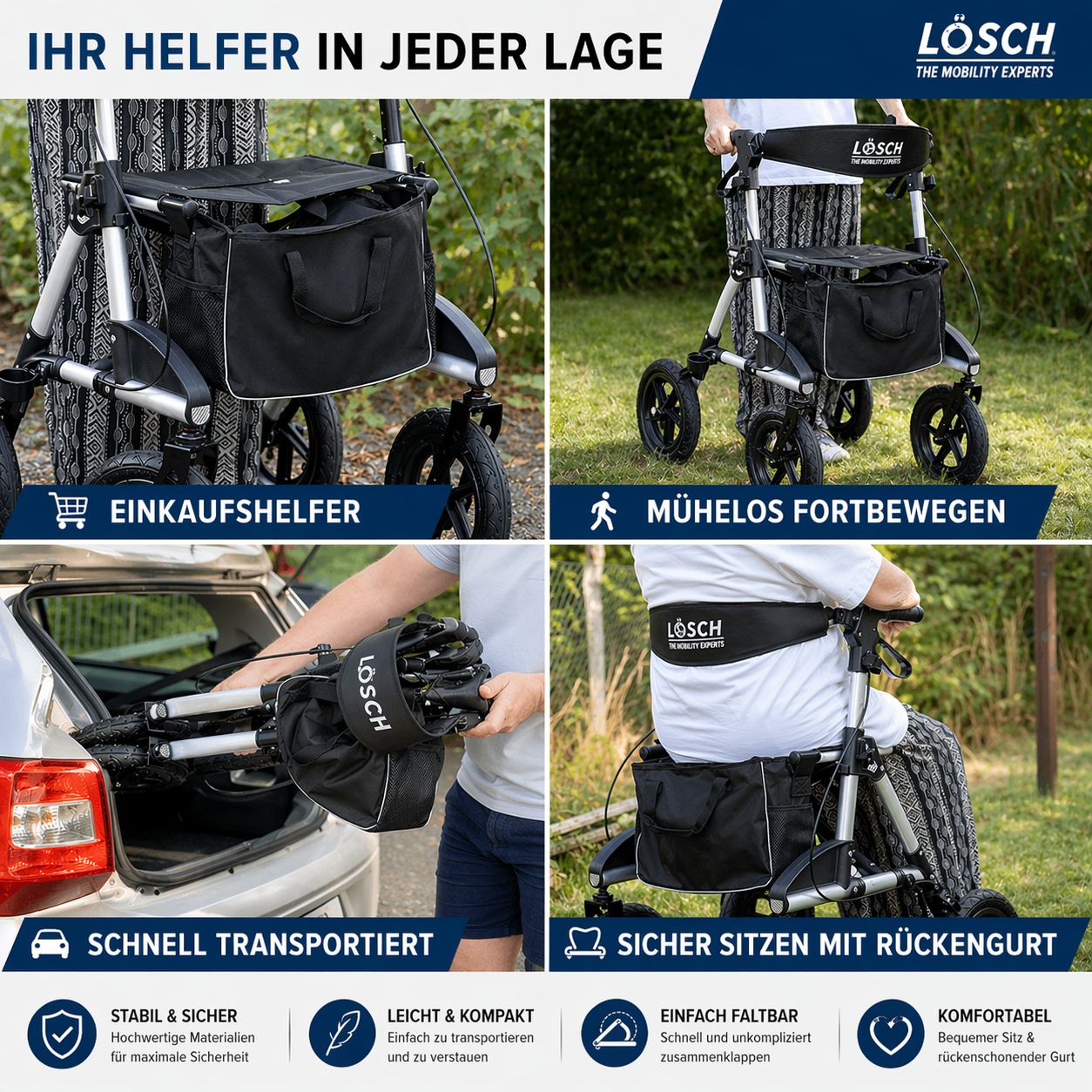 Rollator in verschiedenen Situationen: Einkaufen, Gehen, Transport im Auto, Sitzen. Logo: LÖSCH.