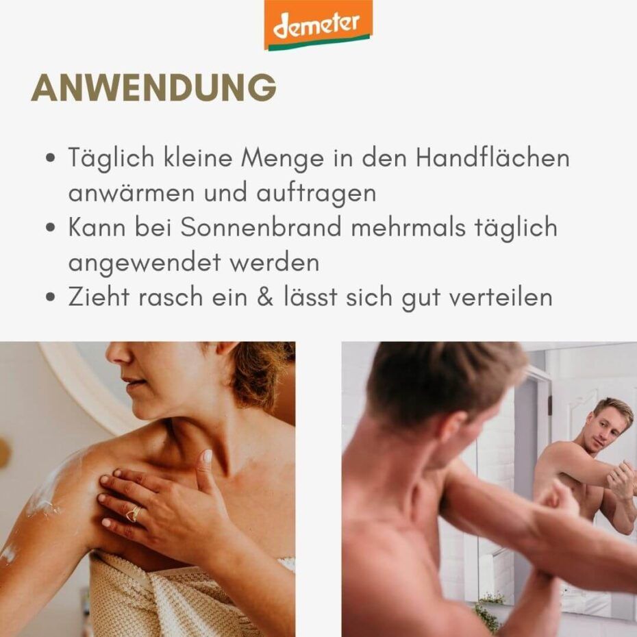 Anwendungshinweise. Frau trägt Körperfluid auf. Mann betrachtet sich im Spiegel. Text: Anwendung, zieht rasch ein.