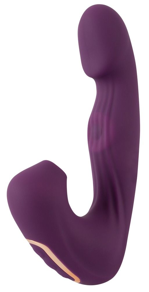 Lila Vibrator mit Klopffunktion und Klitorissauger. Gebogene Form, glatte Oberfläche, mit Öffnung.