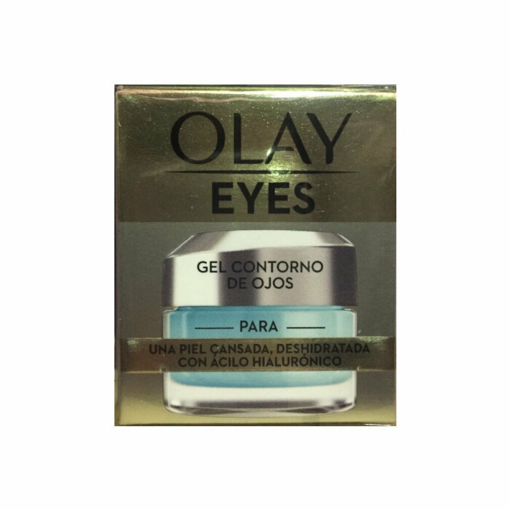 Produkt in goldfarbener Verpackung. Aufschrift: Olay Eyes. Gel Contorno de Ojos. Für müde, dehydrierte Haut.