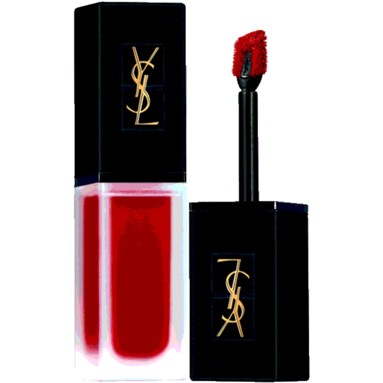 Lippenstift mit Applikator. Schwarzer Deckel mit YSL-Logo. Roter Inhalt. Applikator mit roter Spitze.