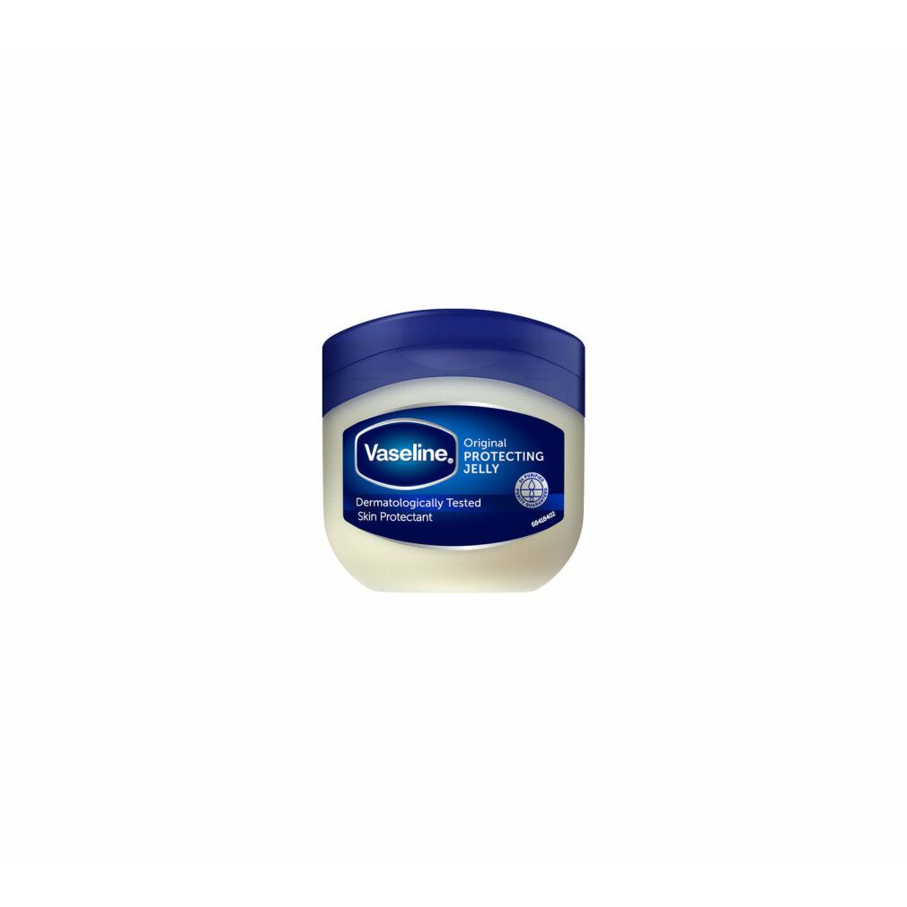 Barattolo con coperchio blu. Etichetta "Vaseline", "Original" e "Protecting Jelly".