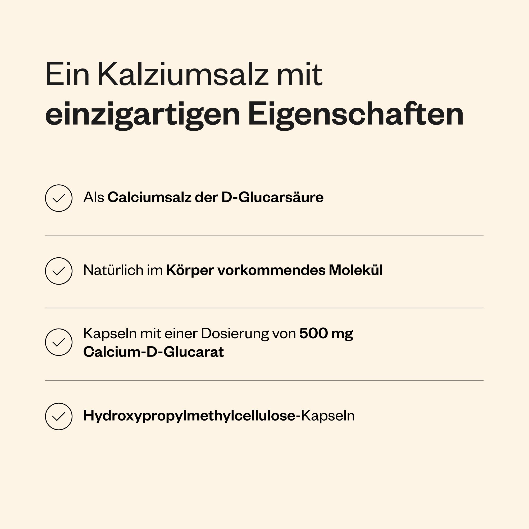 Grafik mit Text und Icons. Beschreibt Eigenschaften von Calcium-D-Glucarat. Enthält Informationen über Kapseln und Dosierung.