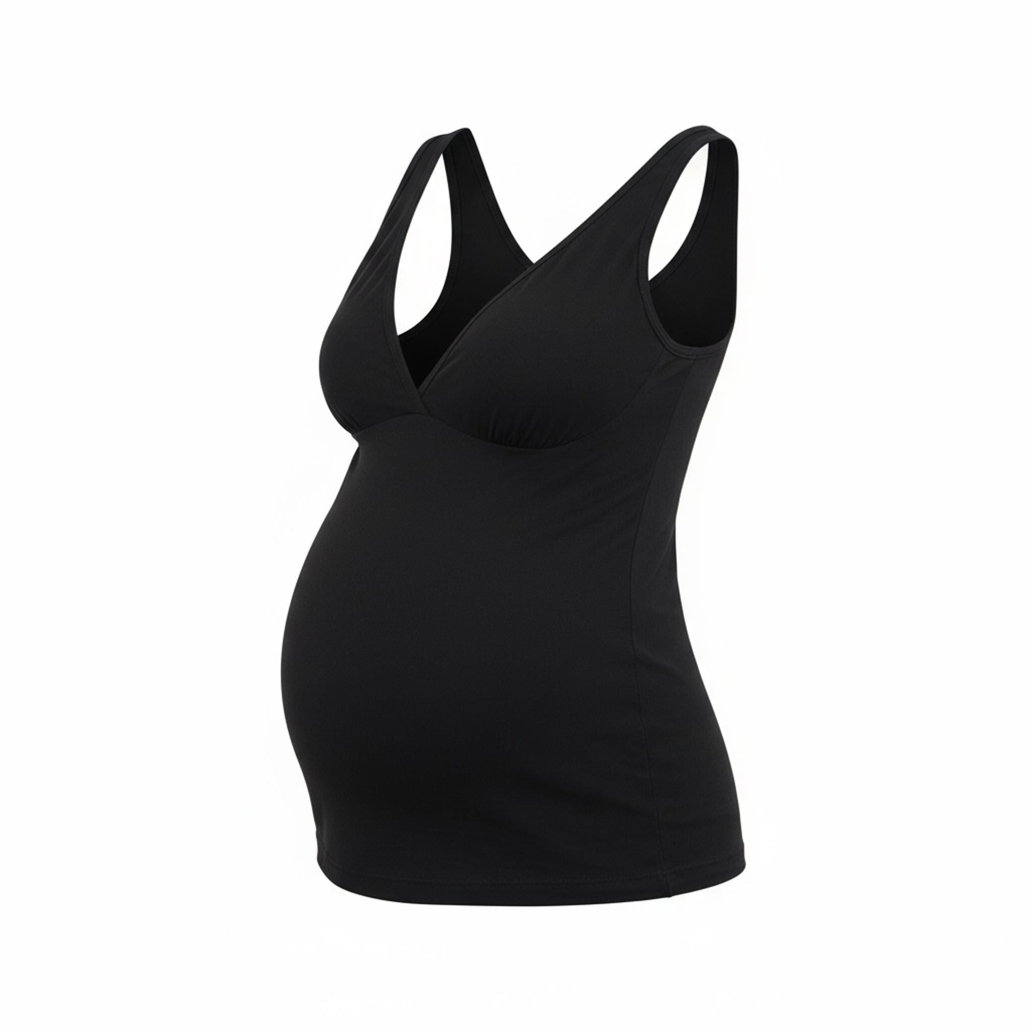 Schwarzes Still-Top mit V-Ausschnitt. Aus Bambus. Seitenansicht, betont den Bauch.