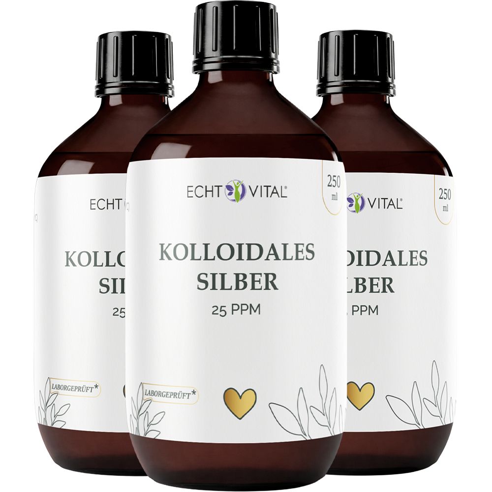 Drei braune Glasflaschen mit weißem Etikett, das kolloidales Silber 25 ppm zeigt.