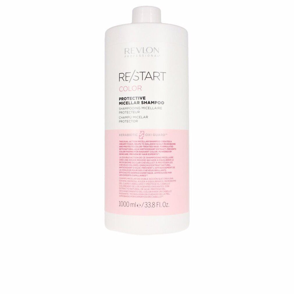 Weißer Shampoo-Behälter mit rosa Etikett. Aufschrift: Revlon Re-Start Color Protective Micellar Shampoo. 1000ml/33.8 fl oz.