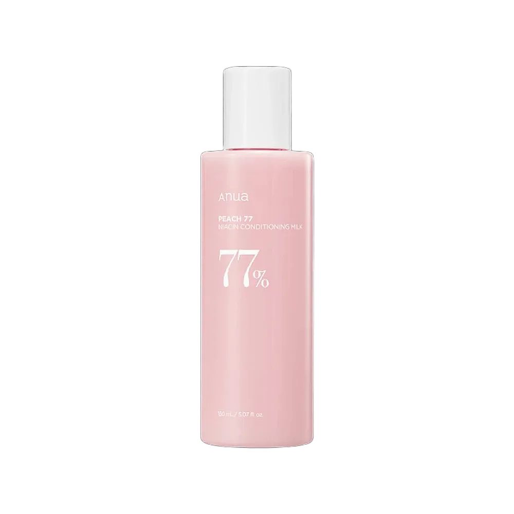 Rosa Flasche mit weißem Deckel, Aufschrift 'ANUA Peach 77 Niacin Conditioning Milk'.