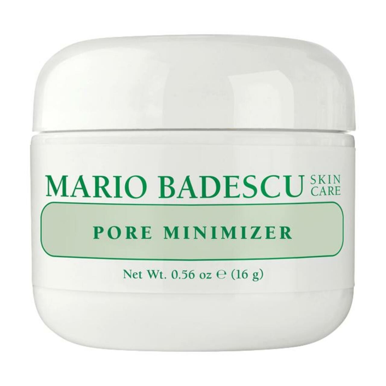 Weißer Tiegel mit Deckel. Aufschrift: MARIO BADESCU PORE MINIMIZER. Gewicht: 0,56 oz (16 g).