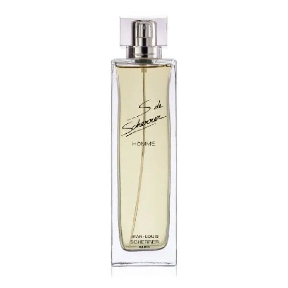 Rechteckige Glasflasche mit silbernem Zerstäuber. Aufschrift: S de Scherrer, Homme, Jean-Louis Scherrer, Paris.