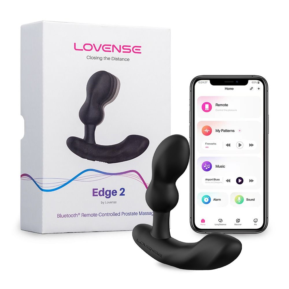 Schwarzer Prostata-Massager, Produktverpackung und Smartphone mit Lovense App.