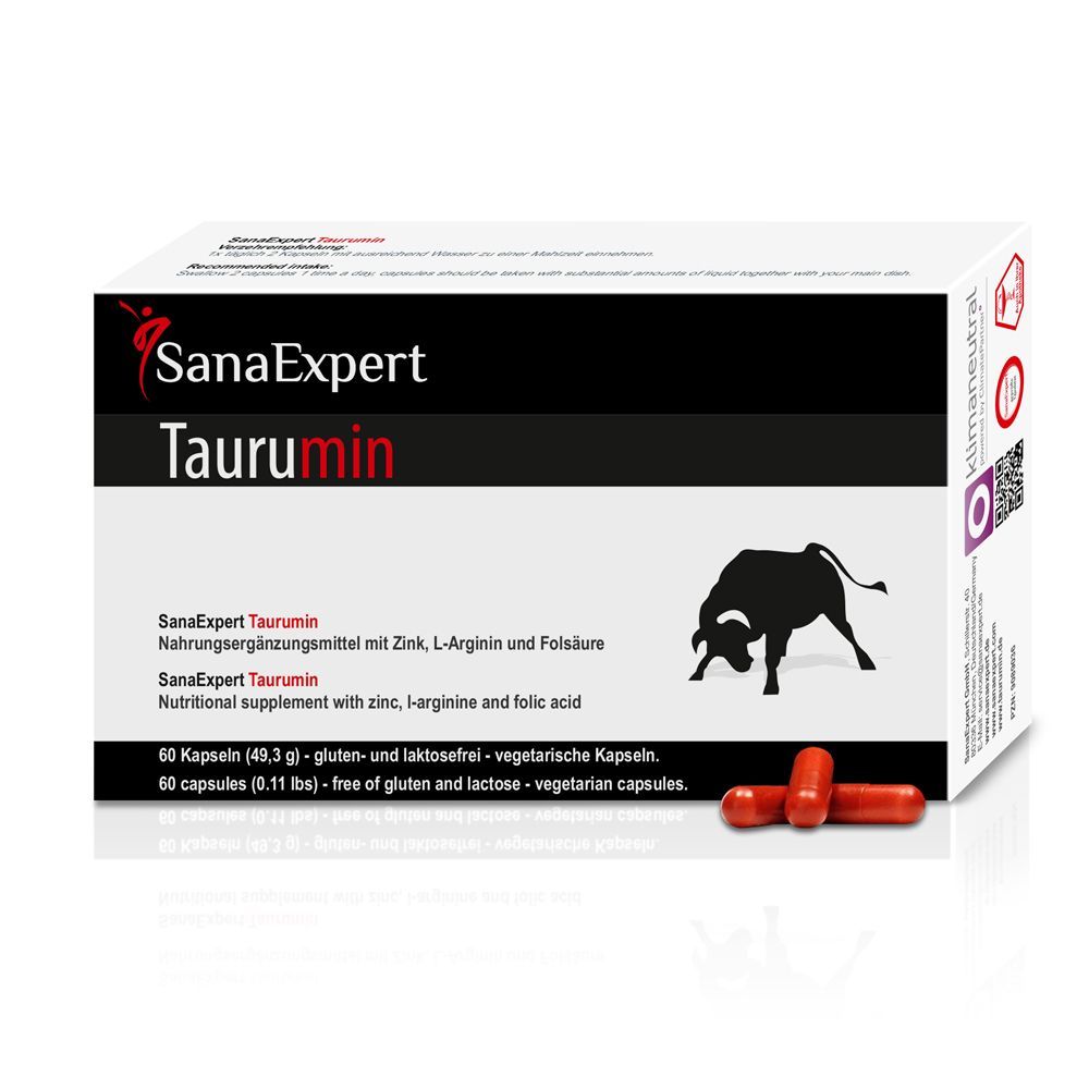 Weiße SanaExpert Taurumin-Verpackung mit Logo und Text. Enthält 60 Kapseln. Daneben liegen 3 Kapseln.