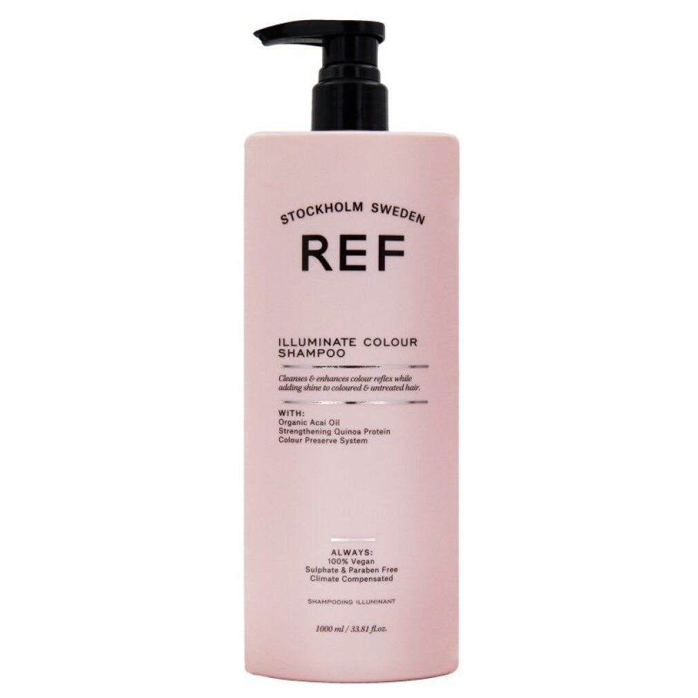 Rosa Shampoo-Flasche mit schwarzem Pumpkopf. Aufschrift: REF, ILLUMINATE COLOUR SHAMPOO. Enthält Bio-Acai-Öl. 100% vegan.