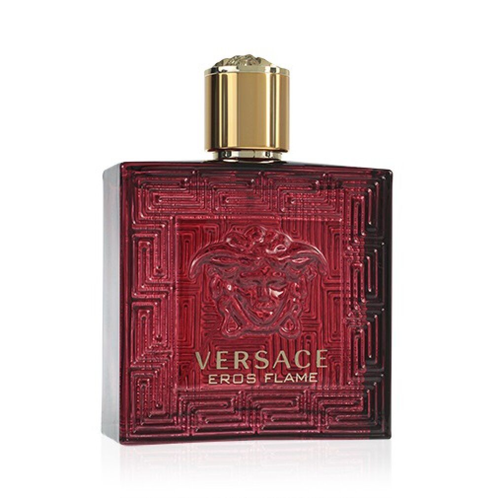 Versace Eros Flame After Shave Lotion Flakon in Rot mit goldenem Verschluss.