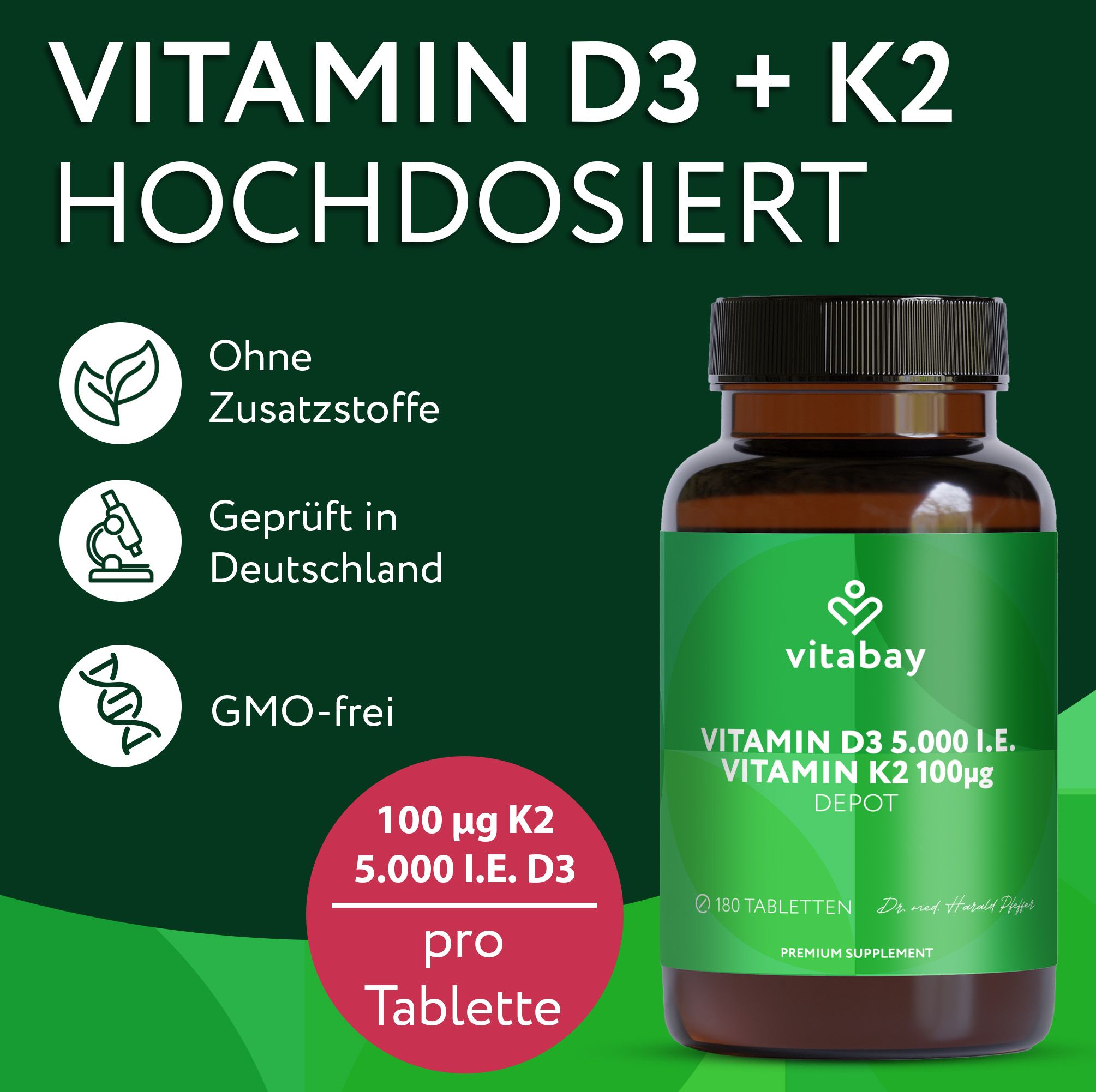 Vitabay-Produkt in Braunglasflasche. Text: Vitamin D3 + K2 hochdosiert. Ohne Zusatzstoffe. Geprüft in Deutschland. GMO-frei. Pro Tablette.