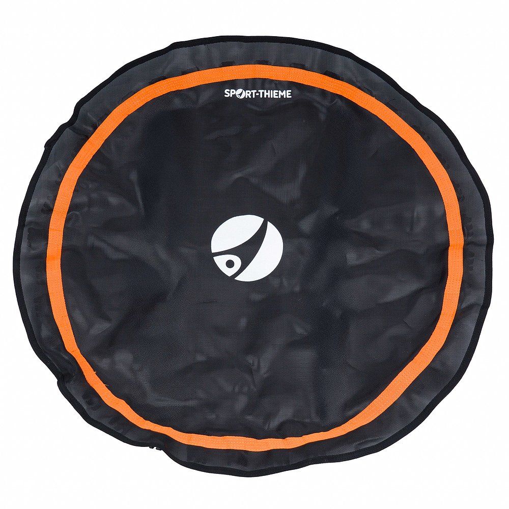 Schwarzes Trampolin-Sprungtuch mit orangefarbenem Rand und Logo. Marke Sport-Thieme. Runde Form.
