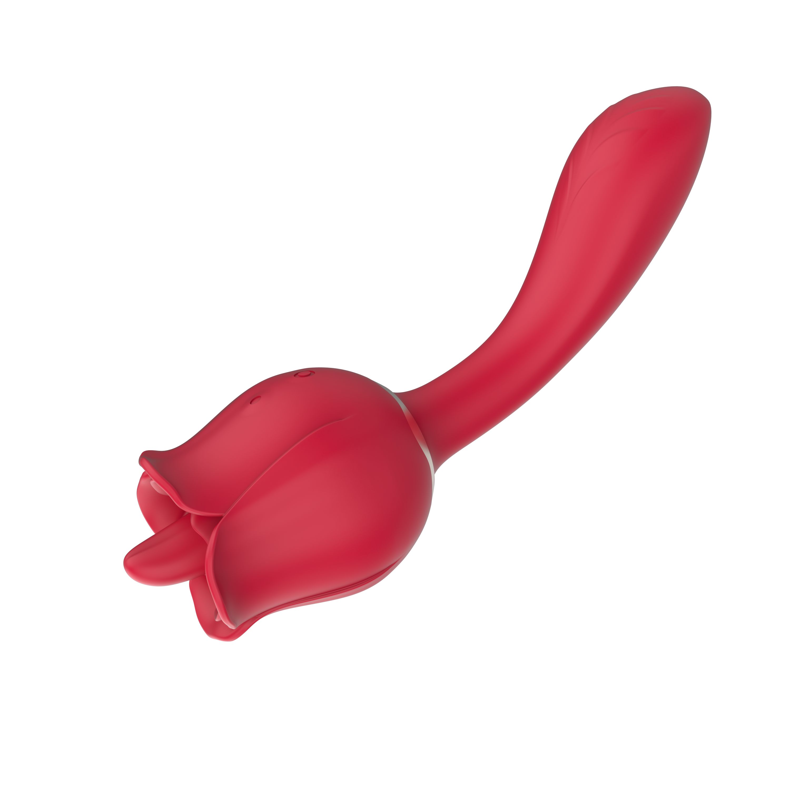 Roter Vibrator in Rosenform. Mit einem Stiel und einem blütenförmigen Kopf. Auf weißem Hintergrund.