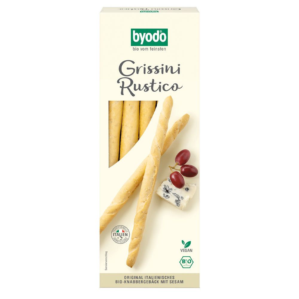Verpackung mit Grissini Rustico. Marke Byodo. Bio-Knabbereien mit Sesam. Vegan. Italienische Spezialität.