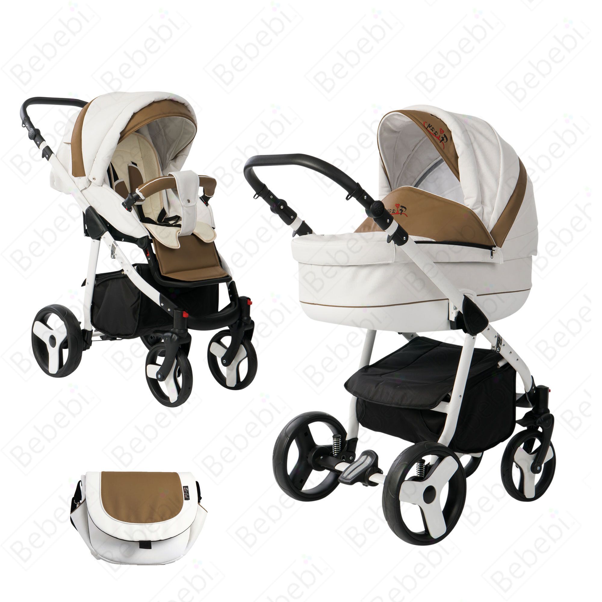 Kombikinderwagen mit Luftreifen, weiß-braun. Enthält Tragetasche und Zubehör. Dreirädriges Design mit weißem Rahmen und schwarzen Akzenten.