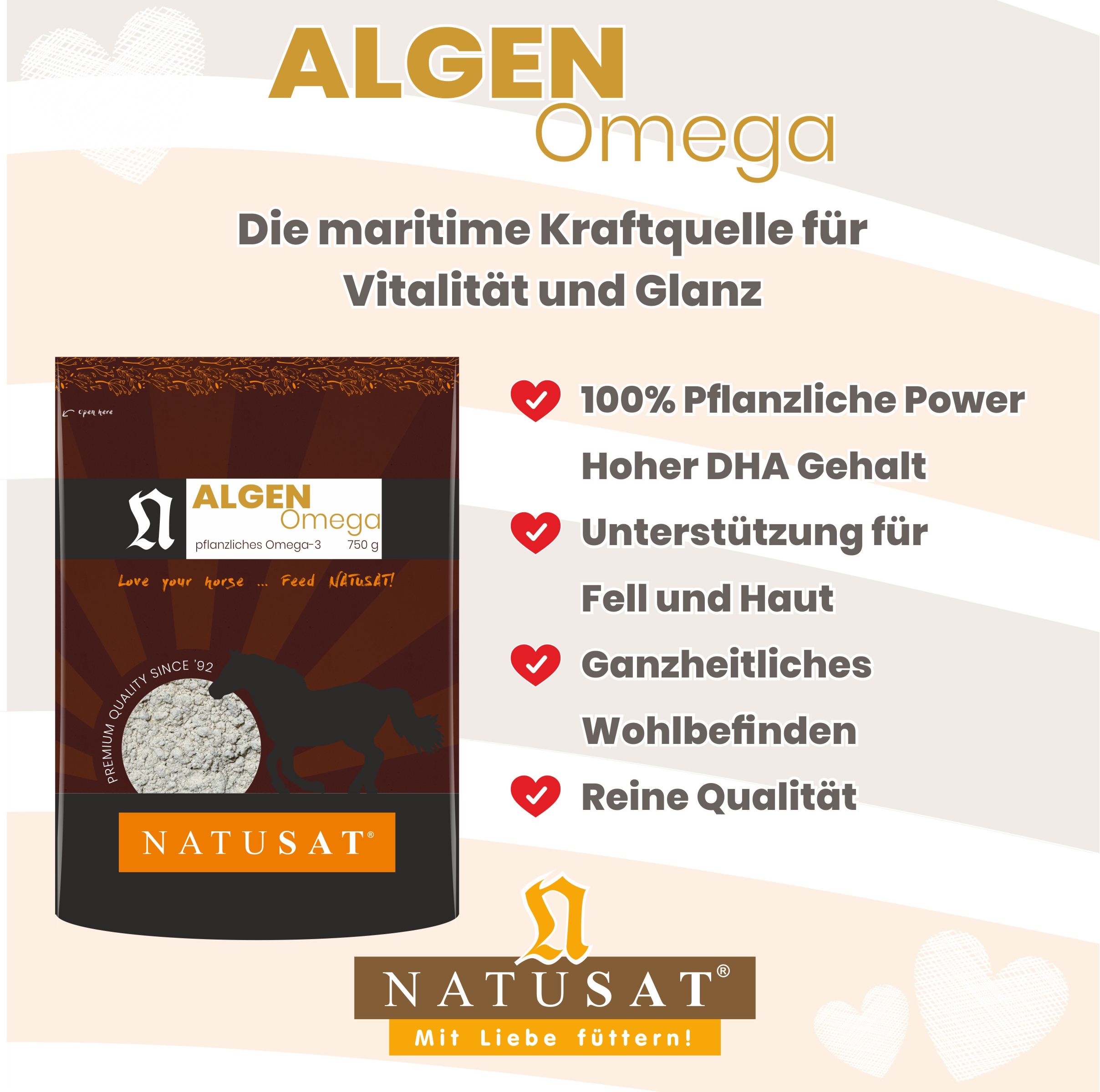 Natusat Algen-Omega Produktbild mit Liste von Vorteilen wie pflanzliche Kraft und Fellpflege.
