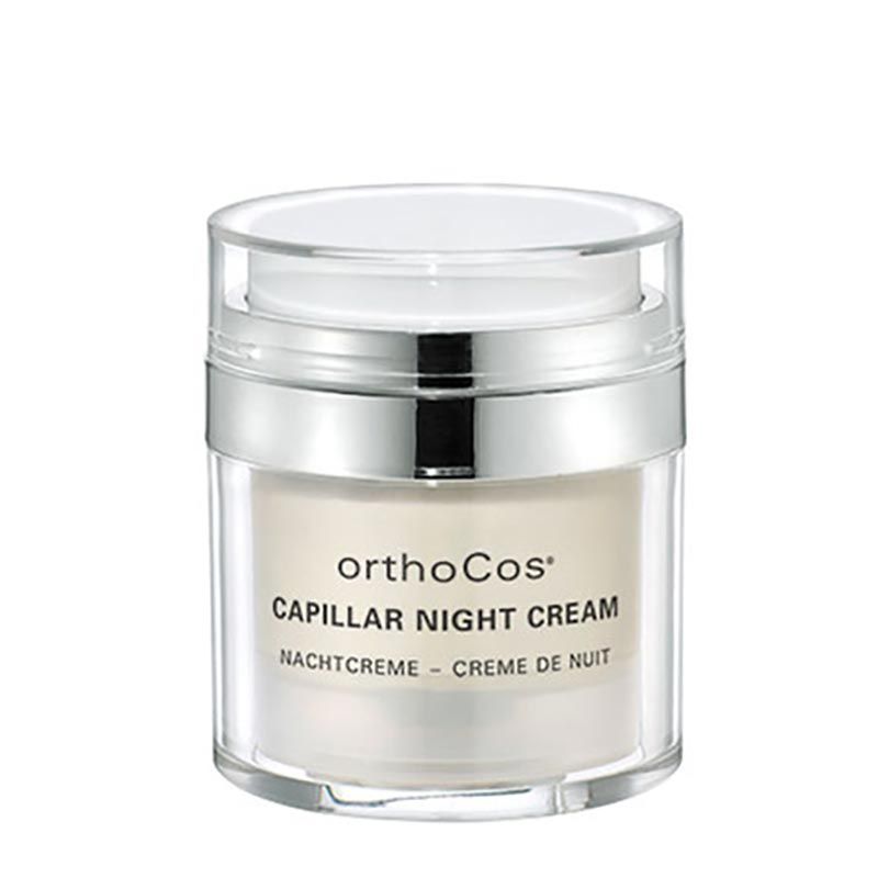 Creme-Tiegel mit Deckel. Aufschrift: orthoCos Capillar Night Cream. Nachtcreme - Crème de nuit.