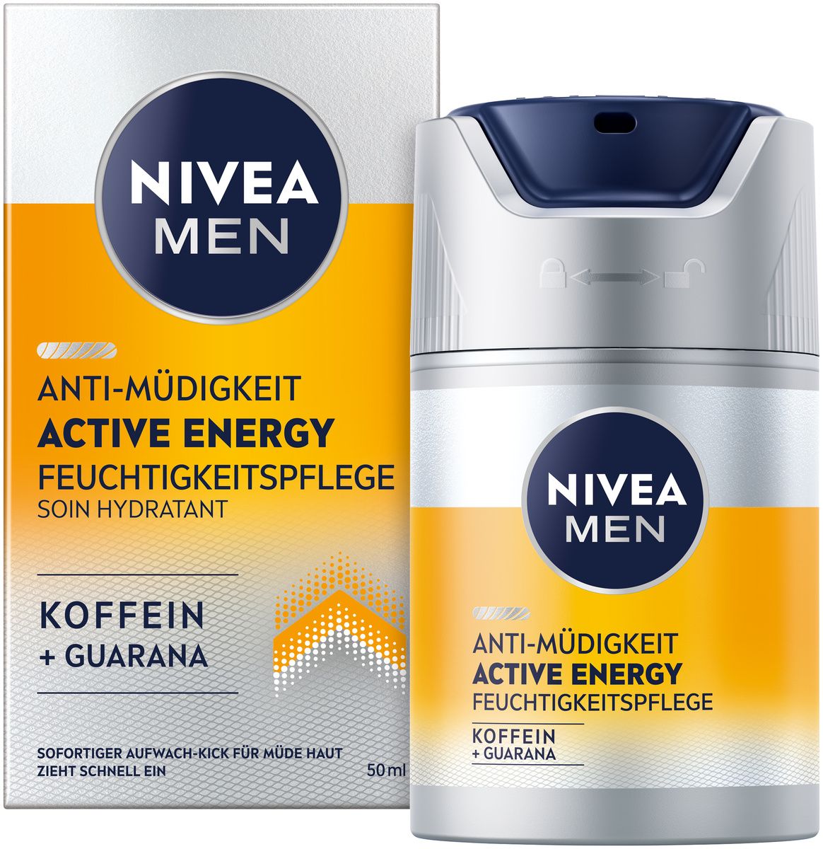 NIVEA MEN Active Energy Feuchtigkeitspflege und Verpackung. Weiß, silber, gelb und blau. Text: Anti-Müdigkeit, Active Energy, Koffein + Guarana.