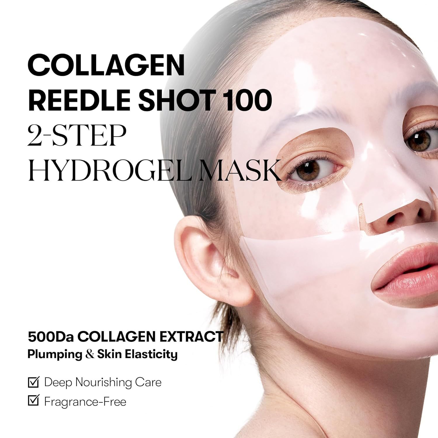 Gesicht einer Frau mit transparentem Hydrogel-Gesichtsmaske. Produktname und Text sind sichtbar.