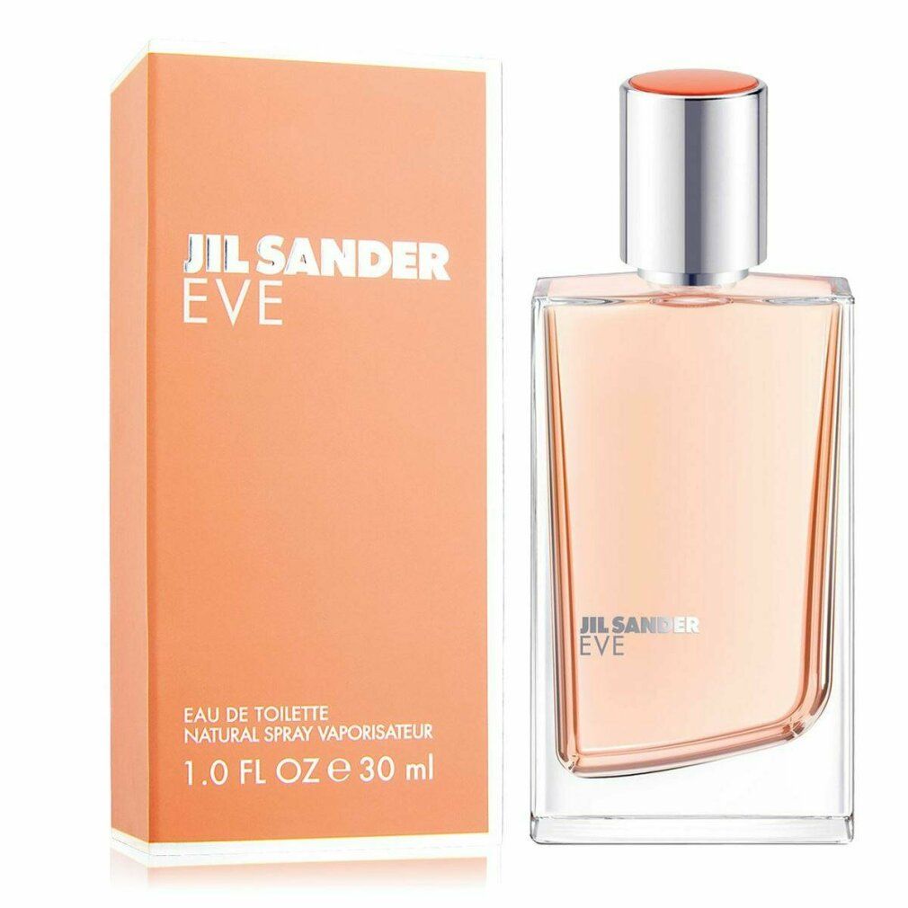 Glasflakon und Verpackung von Jil Sander Eve. Flakon mit silbernem Verschluss, daneben orangefarbene Schachtel.