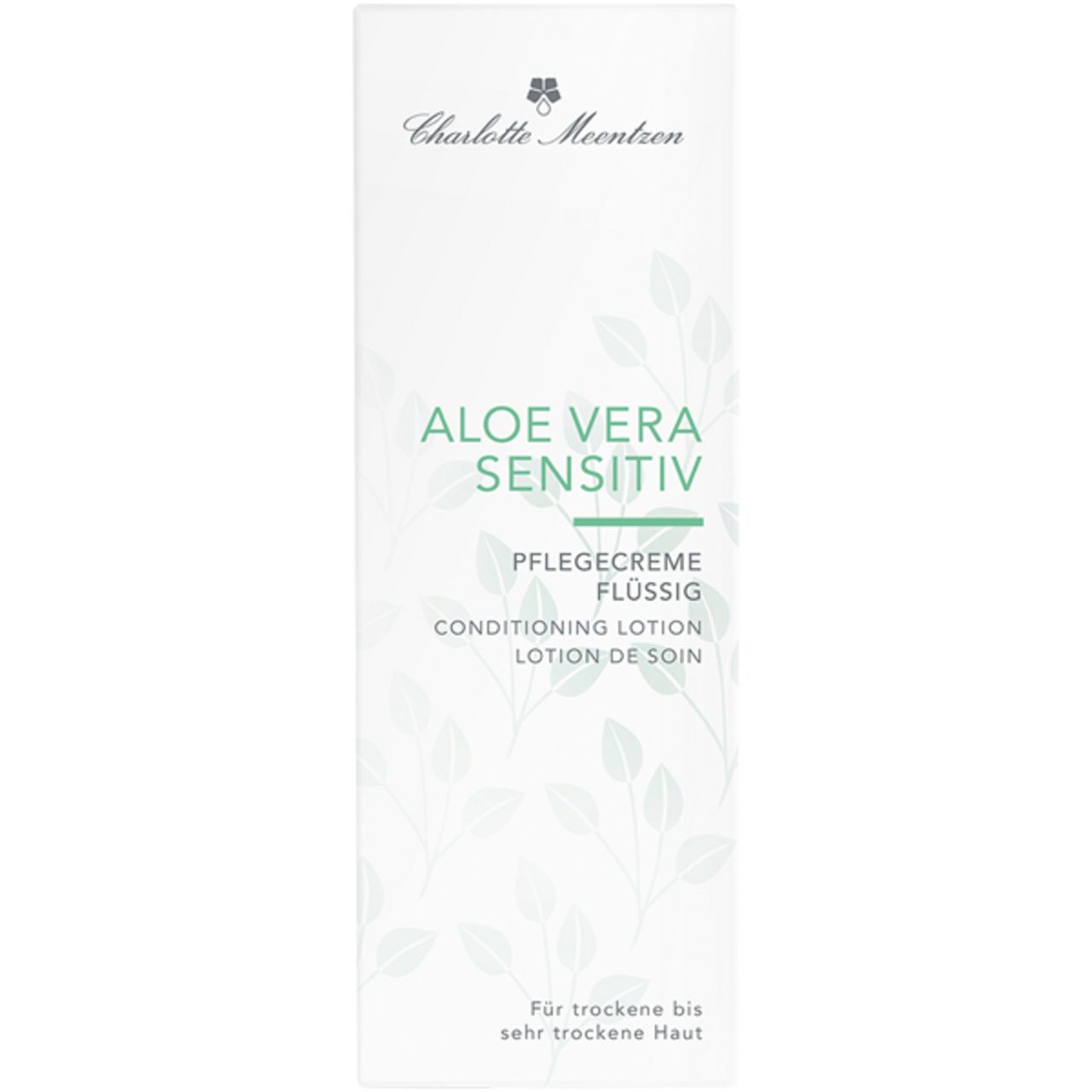 Weiße Verpackung mit Produktinformationen. Aufschrift: Charlotte Meentzen, Aloe Vera Sensitiv, Pflegecreme flüssig, Conditioning Lotion, Lotion de soin. Für trockene bis sehr trockene Haut.