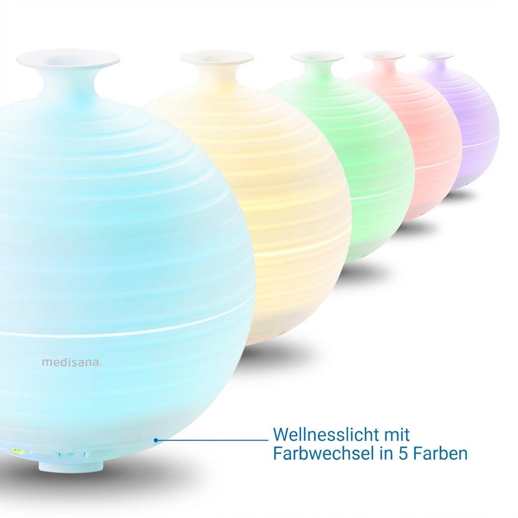 Aroma-Diffusor mit wechselndem Licht in 5 Farben: blau, gelb, grün, rosa, lila.