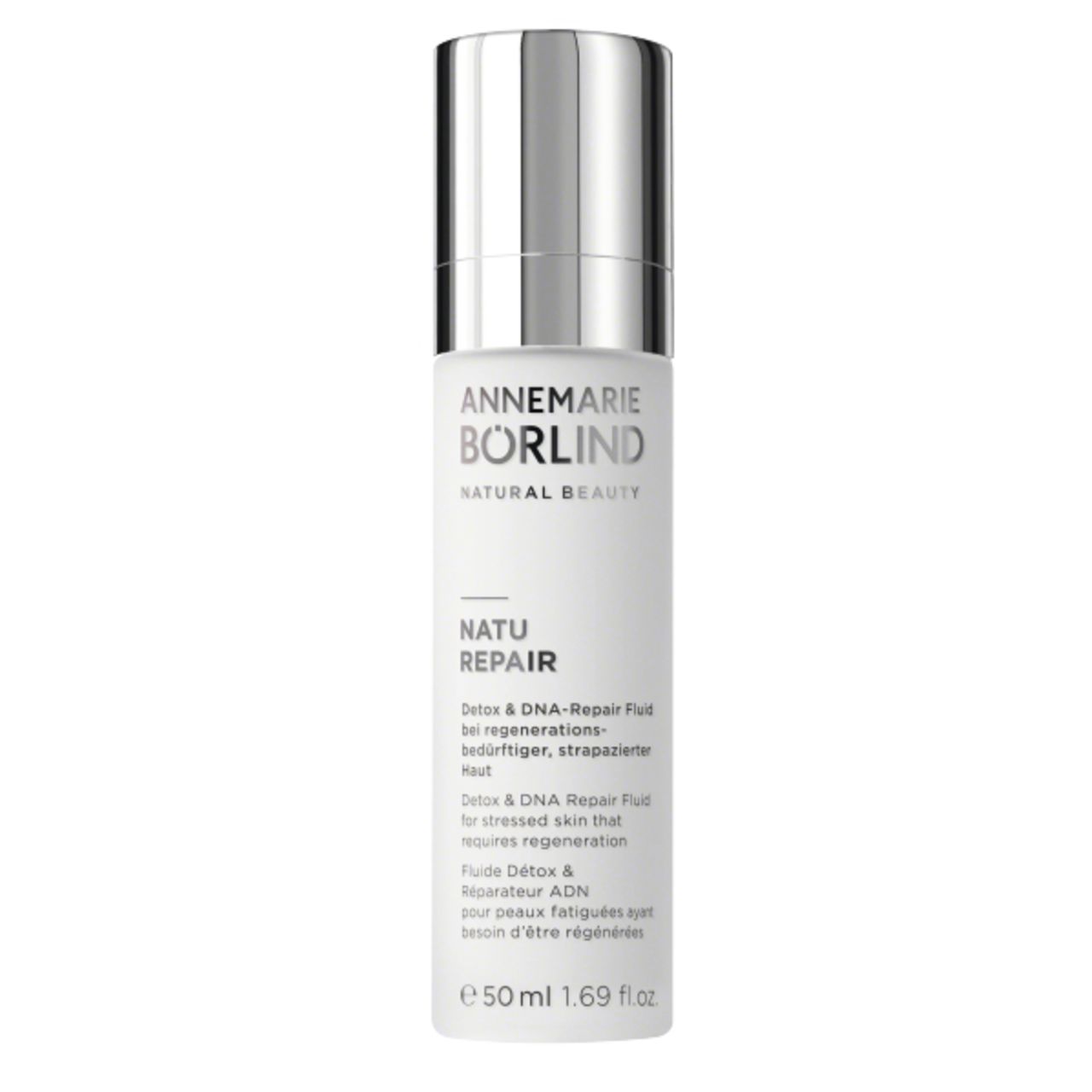 ANNEMARIE BÖRLIND Flasche. NATU REPAIR Detox & DNA-Repair Fluid. Silberner Deckel. 50 ml.