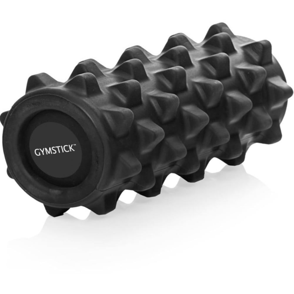 Schwarze Faszienrolle mit Noppen. Auf einer Seite ist der Markenname GYMSTICK zu sehen.