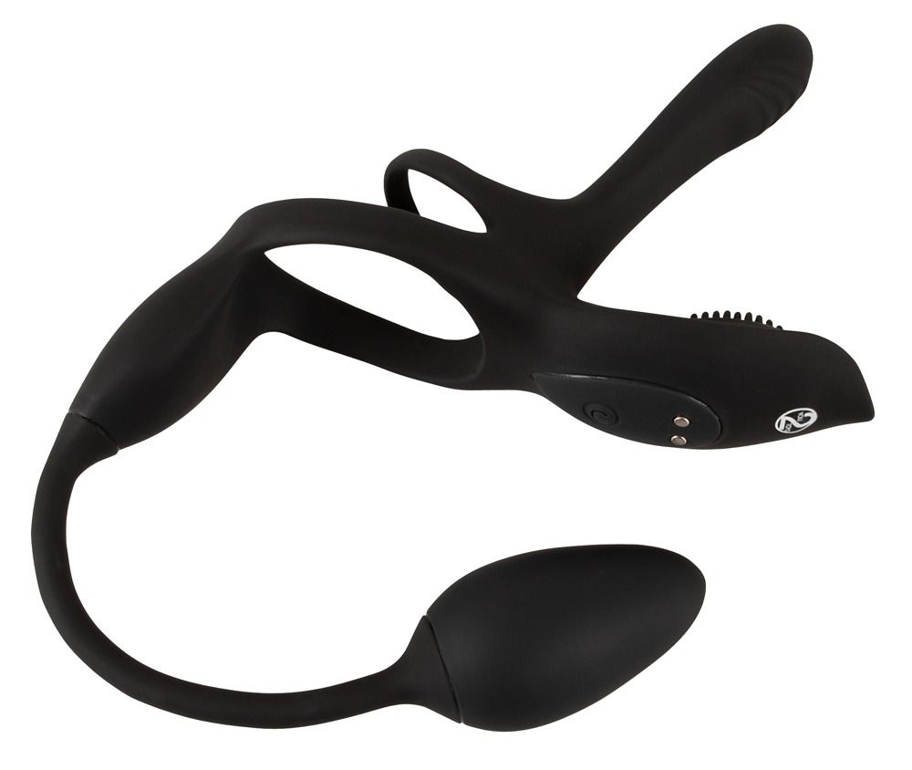 Schwarzes Wellness-Produkt mit Ringform, gebogenem Teil und ovalem Aufsatz. Es hat Knöpfe und eine strukturierte Zone.