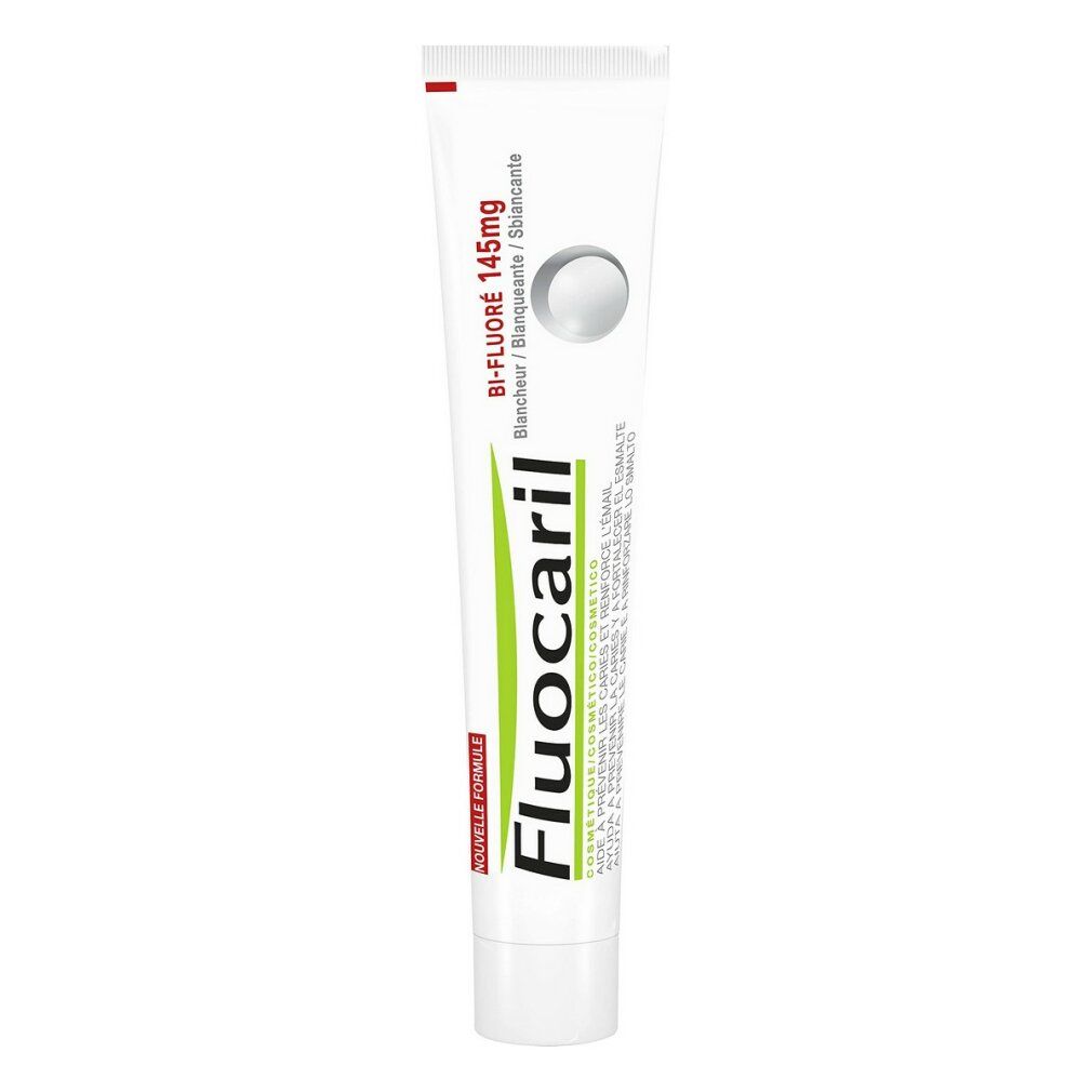 Fluocaril Bi-Fluor Zahnpasta-Packung, Seitenansicht.