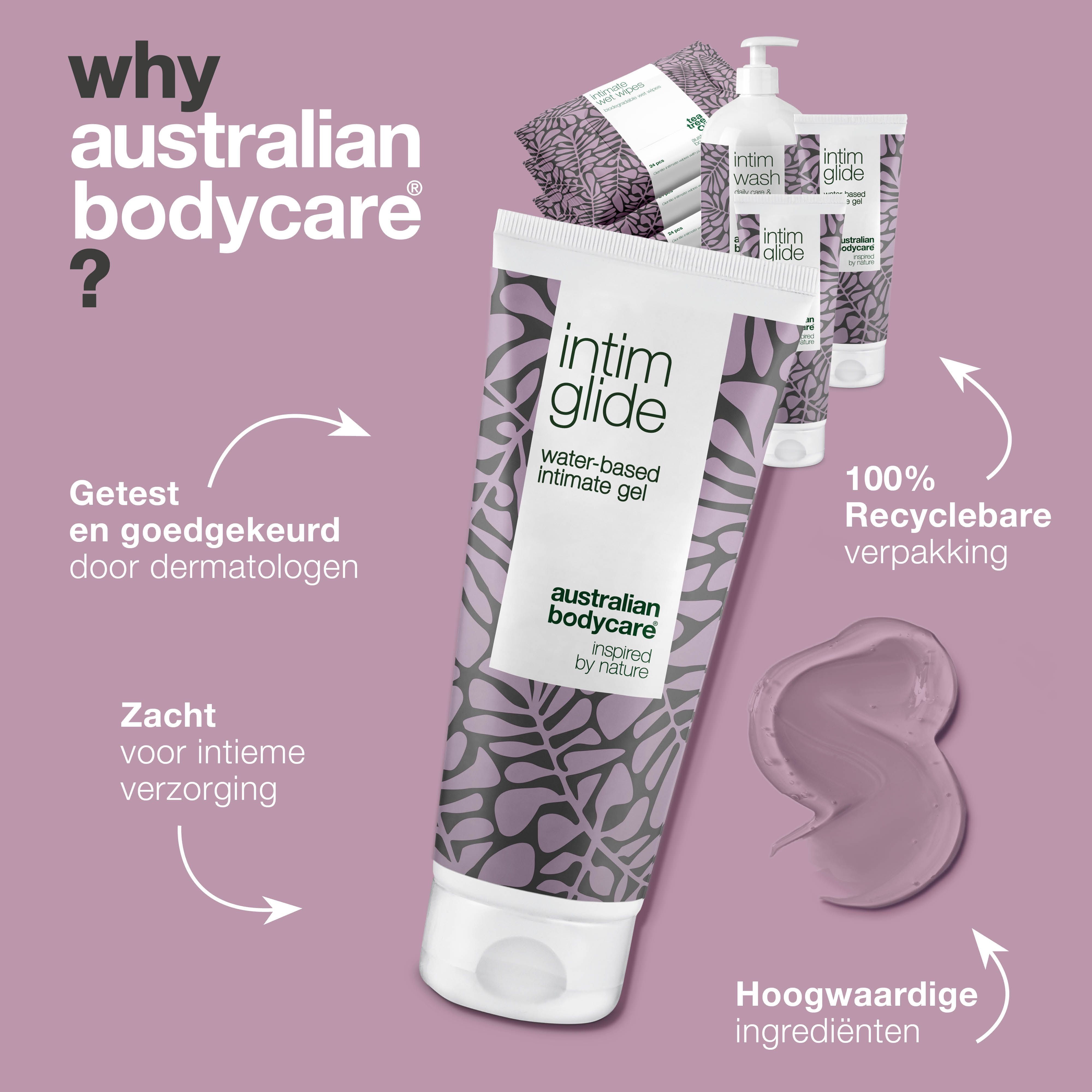 Productafbeelding: Intim Glide, Intim Wash, Intimate Wet Wipes. Tekst: Waarom Australian Bodycare?