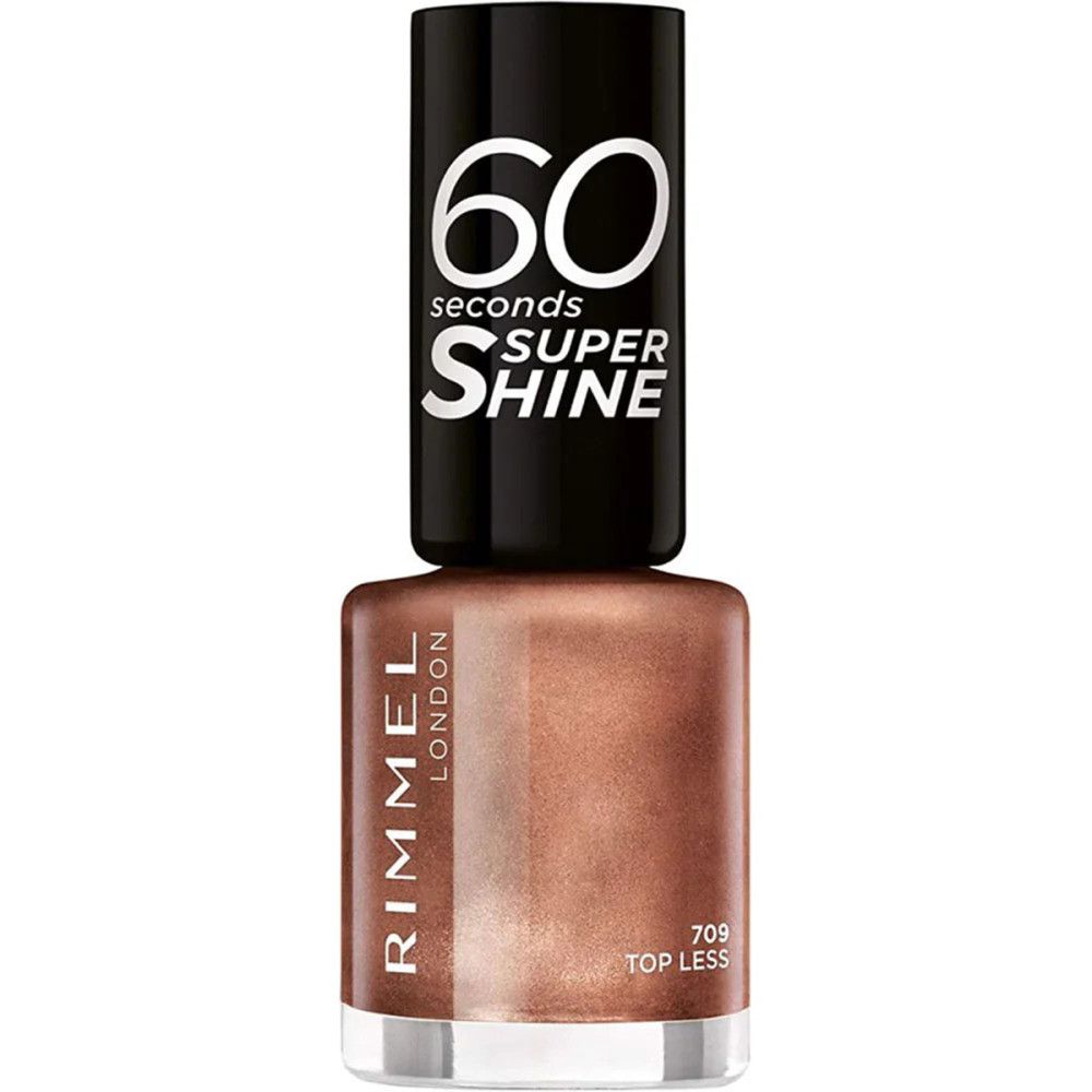Nagellackflasche, braun-metallic. Schwarzer Deckel mit "60 seconds Super Shine"-Logo. "Rimmel London" und Farbnummer 709.