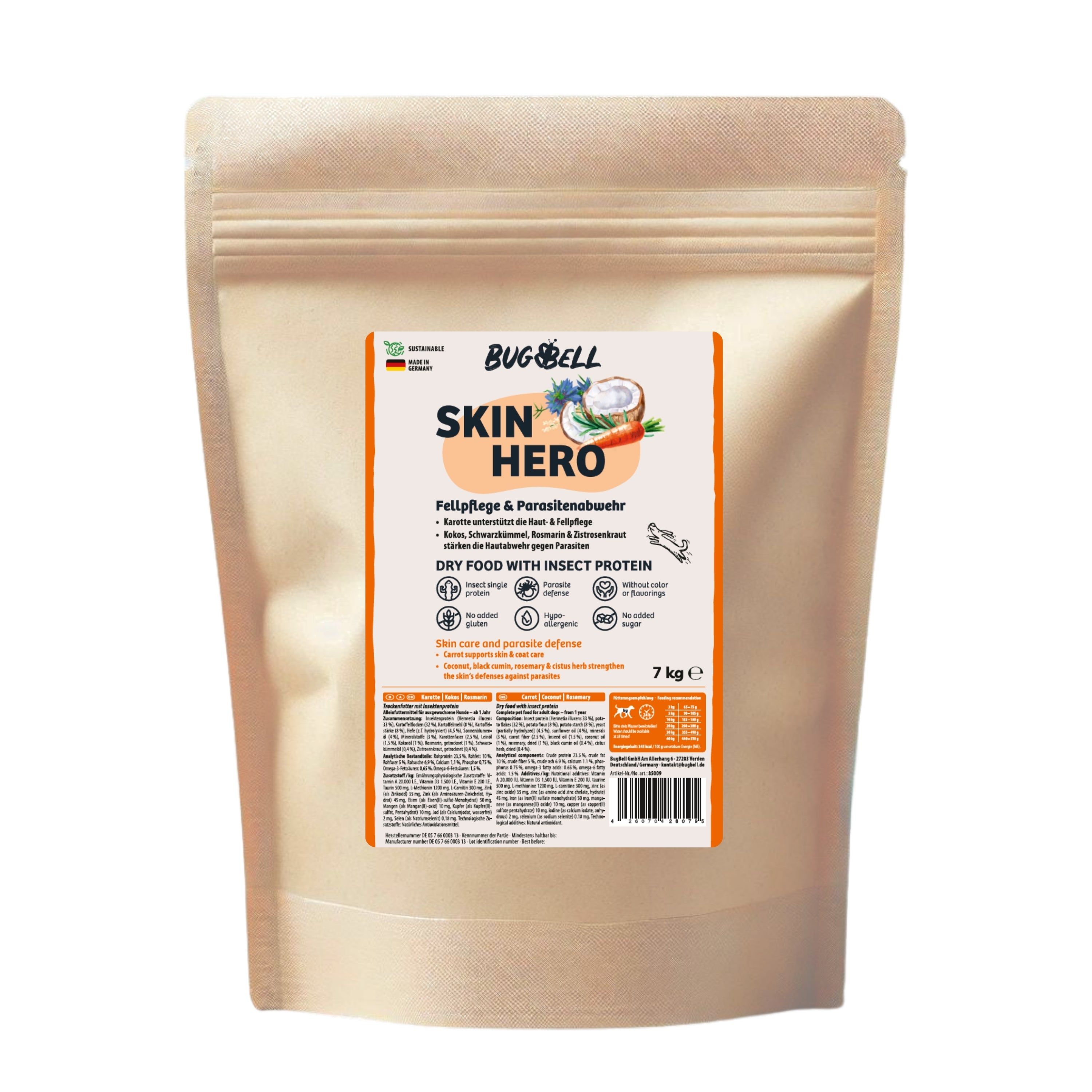 BugBell Trockenfutter SkinHero - Fellpflege & Parasitenabwehr 7 kg Pellets