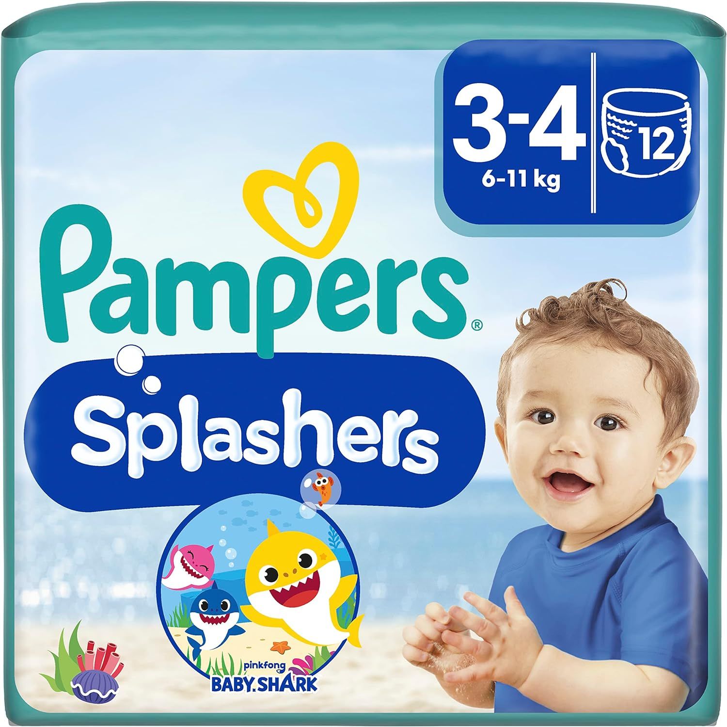 Pampers Windeln Größe 3-4, Splashers Baby Shark Limited Edition, 12 Stück, Einweg-Schwimmwindeln,