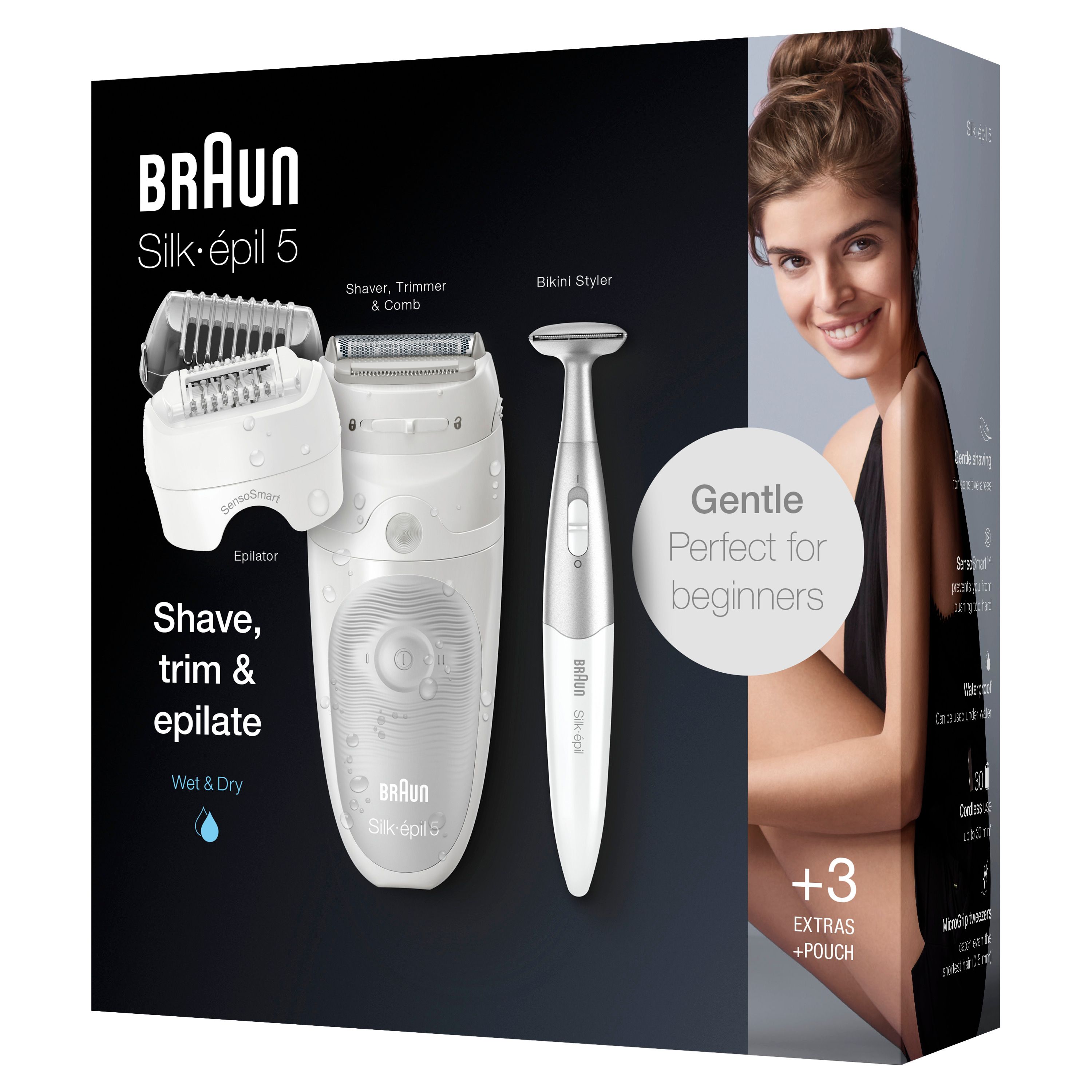 Braun Silk-épil 5-805. Epilierer, Trimmer, und Bikini-Styler. Zubehör. Verpackung mit Produktabbildung und Model.