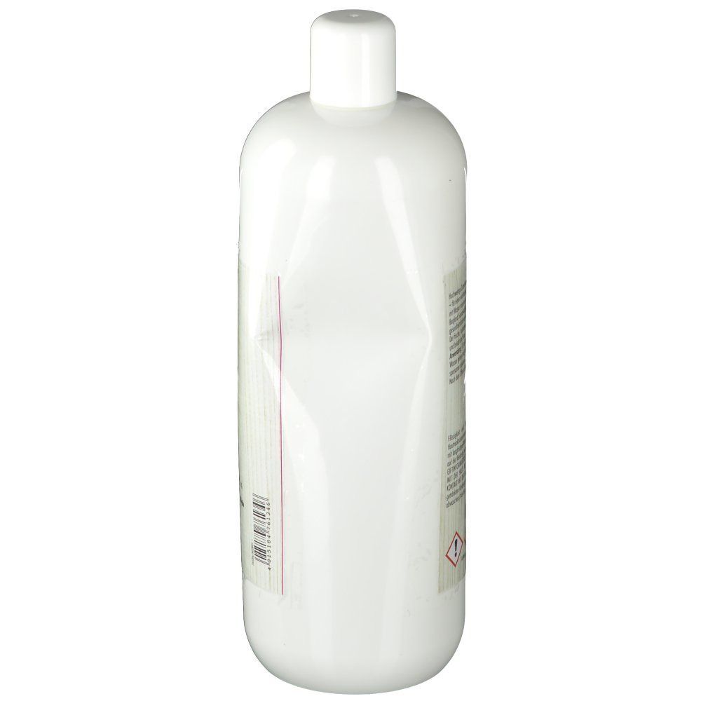 Weiße Flasche mit Schraubverschluss. Etikett mit Text. Gefahrensymbol.