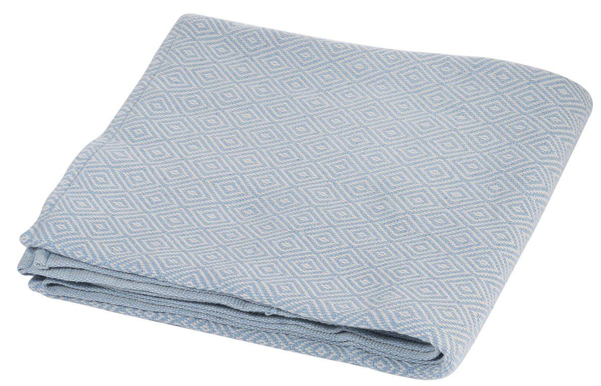 Hellblaue Decke mit Rautenmuster, gefaltet. Stoffstruktur sichtbar.