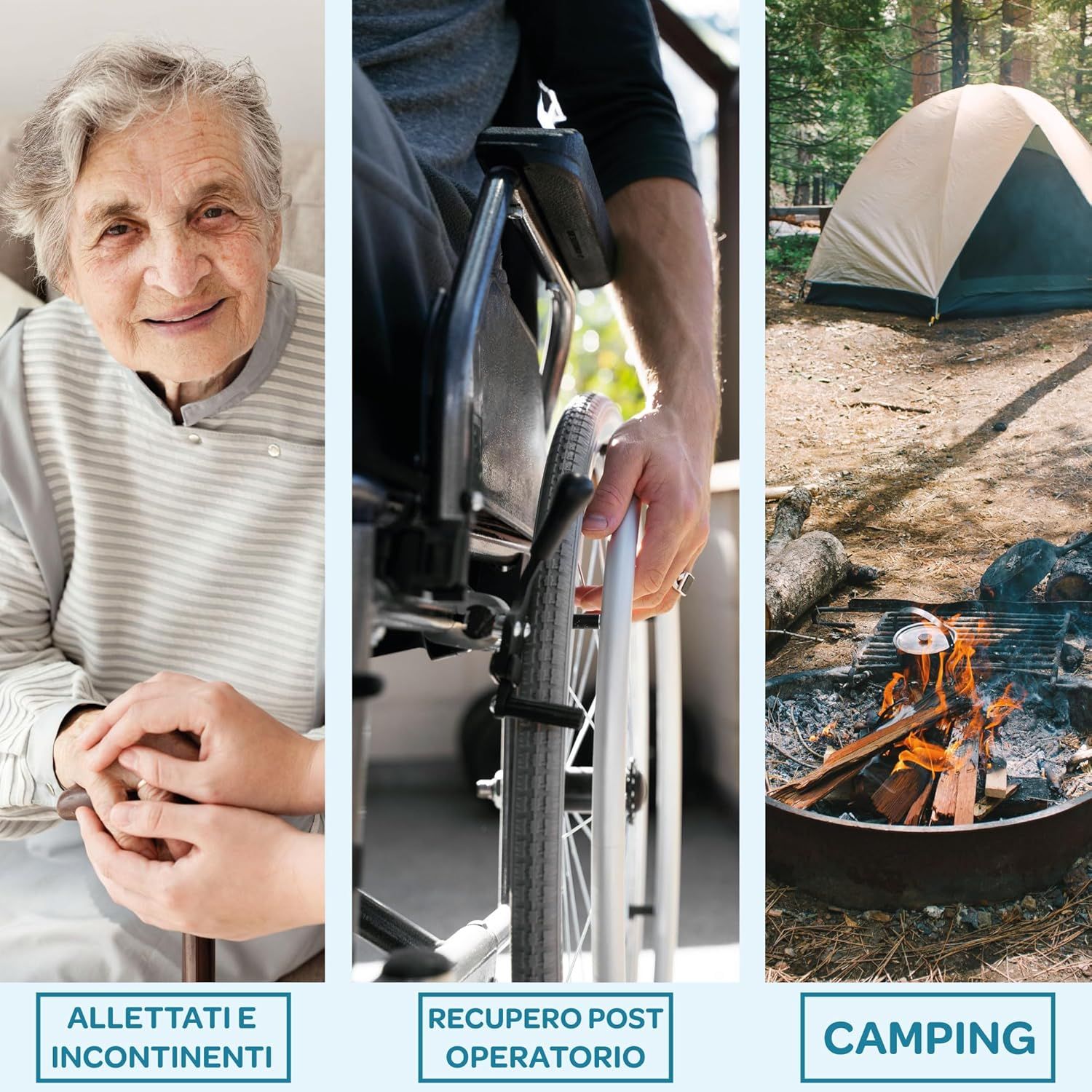 Scènes: Bedlegerig, rolstoel, camping. Tekst: Bedlegerig en incontinent, postoperatief herstel, camping.