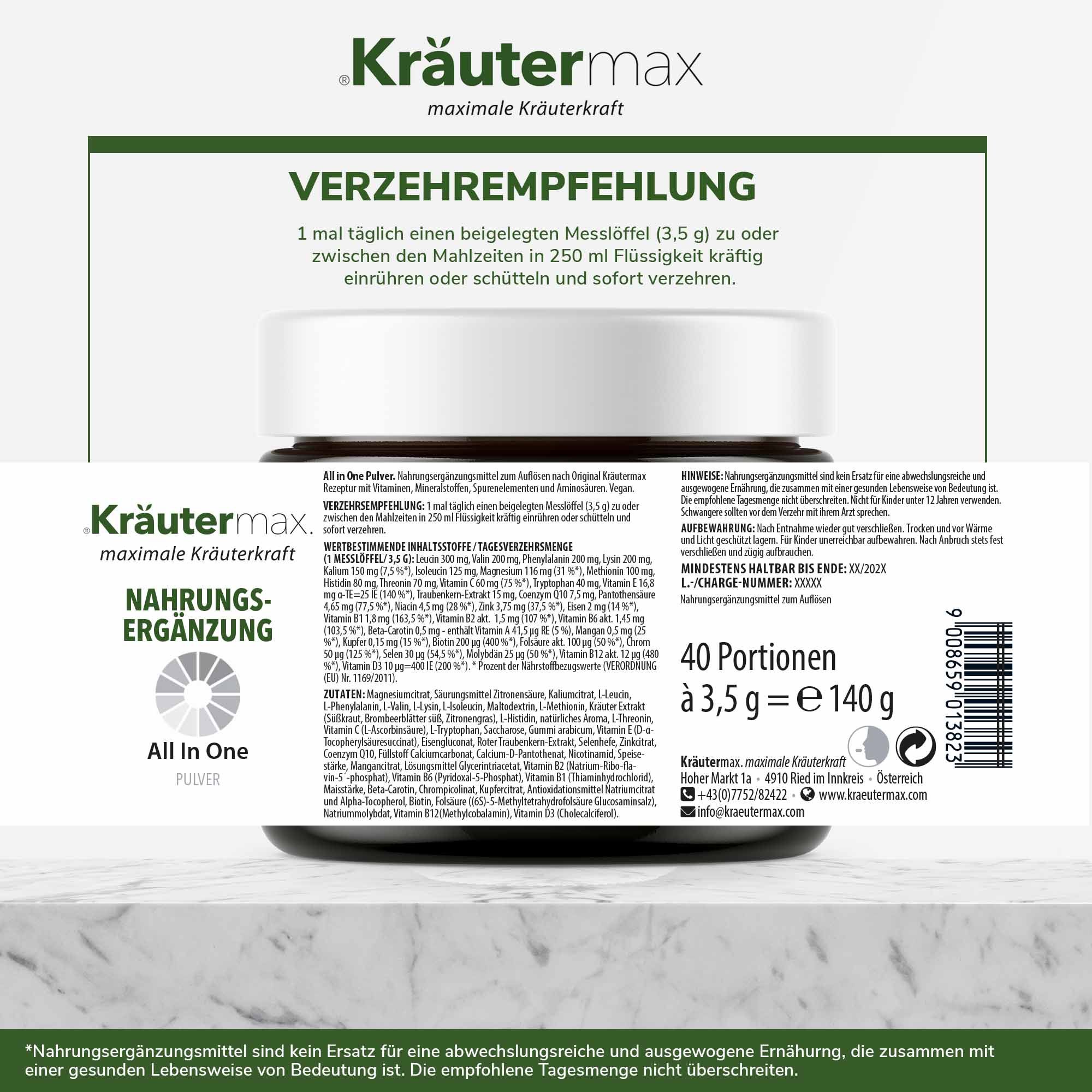 Braunes Glas mit weißem Deckel. Aufschrift "Kräutermax" und "All in One". Rückseite mit Nährwertangaben und Verzehrempfehlung.