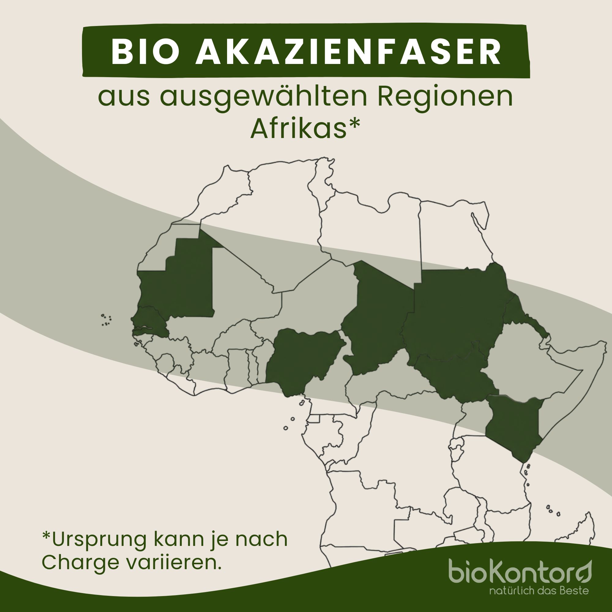 Bio Akazienfaser aus ausgewählten Regionen Afrikas, mit Markierung auf einer Karte.