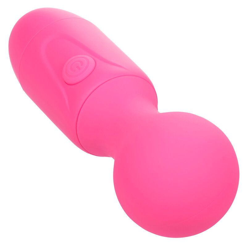 Pinkfarbener Vibrationsmassager mit rundem Kopf und Bedienknopf.
